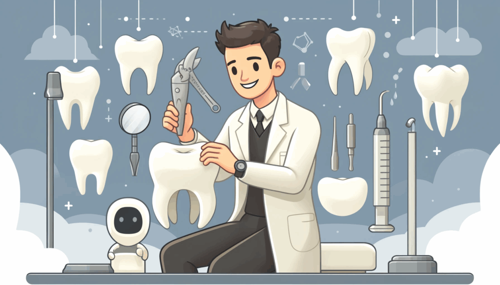Cartoon illustration showing a dentist providing restorative dentistry treatments to a patient's tooth (dental filling)