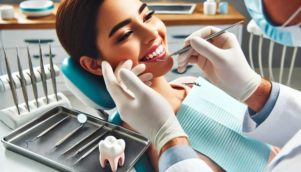 Silver Spring dentist performing a teeth scaling procedure on a female patient in Kraja and Sidhu Dental.webp