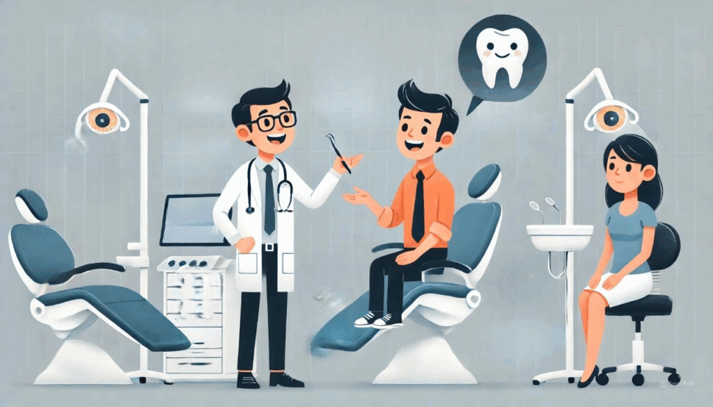 Professional dentist explains dental insurance to a young patient