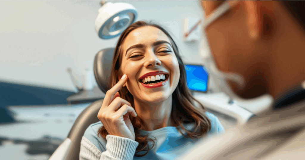 Female patient being visibly happy after getting a set of dental implants instead of a denture at Kraja and Sidhu dental