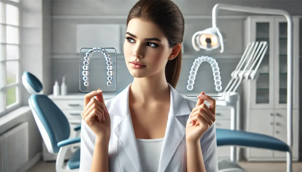 a periodontist holding a pair of clear aligners trying to help patient decide between clear aligners vs braces