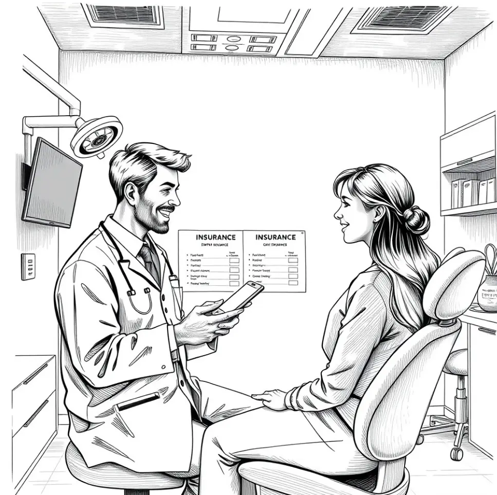 A dental professional presenting different dental insurance coverage options to a patient using a digital tablet.