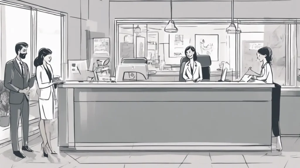 A receptionist and dental patients at a modern dental clinic reception desk, attentively reviewing dental insurance documents. The reception area features sleek gray and white decor, with the individuals dressed in neutral tones, creating a professional yet approachable setting. Generate individuals as realistic as possible without artifacts.