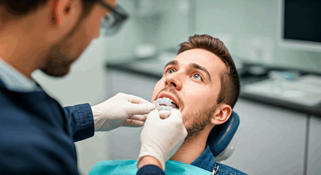 Dental professional fitting night guard for a Silver Spring Patient