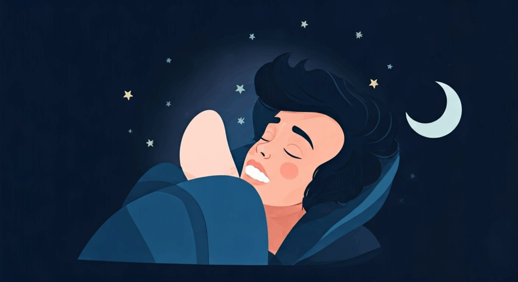 Person sleeping with night guard after being used to grinding their teeth - an illustration by Dr. Sidhu DDS from Silver Spring