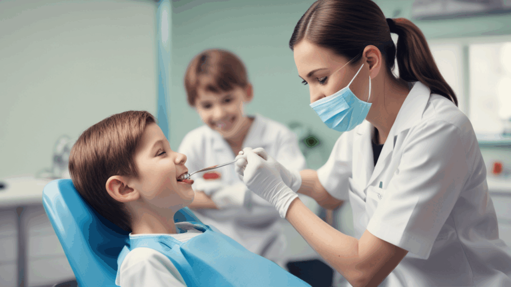 pediatric dentist in silver spring cleaning a young patient's teeth while his brother is watching in the background, with a smile on his face
